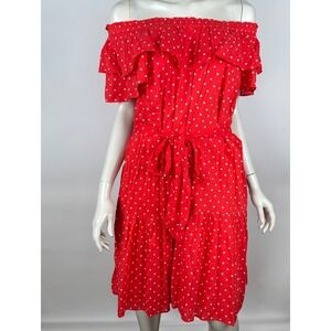 Draper James Sawyer Dress Red Polka Dot Women L‎ NWT $145 Cotton Off Shoulder